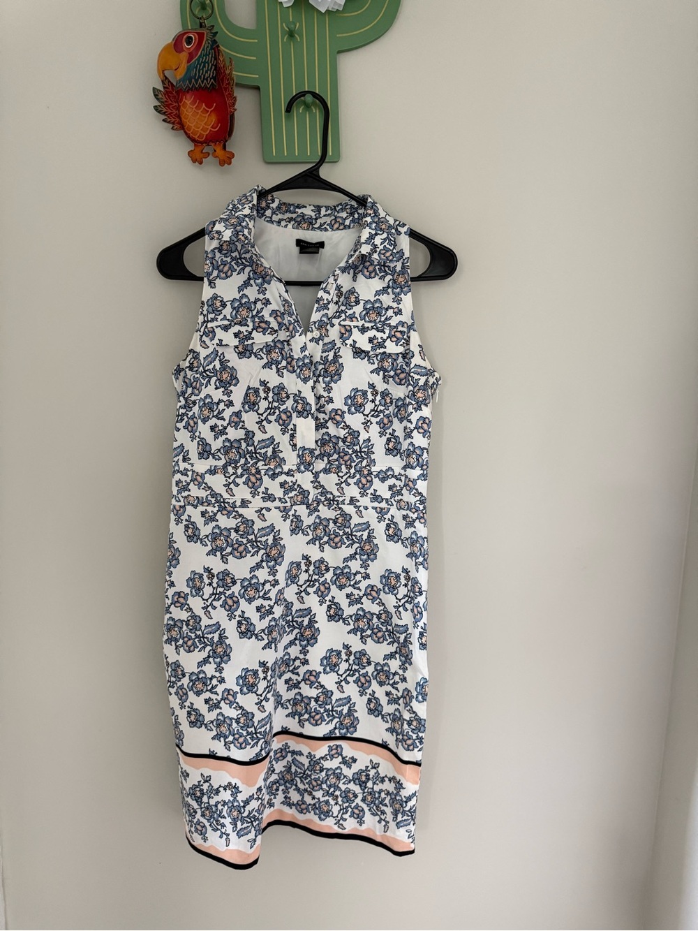 Ann Taylor White Midi Dress with Blue Floral Print and Pink Trim